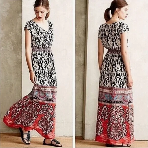 Anthropologie Vanessa Virginia Silk Maxi Dress Womens 2 Red Black Eclectic Artsy - Picture 1 of 12